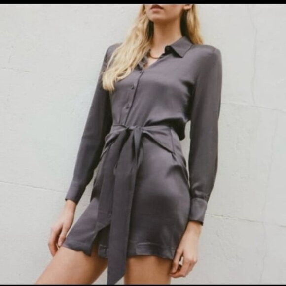 Zara Dresses & Skirts - Zara Knotted Satin Effect Shirt Dress in Muted Purple Size Lg